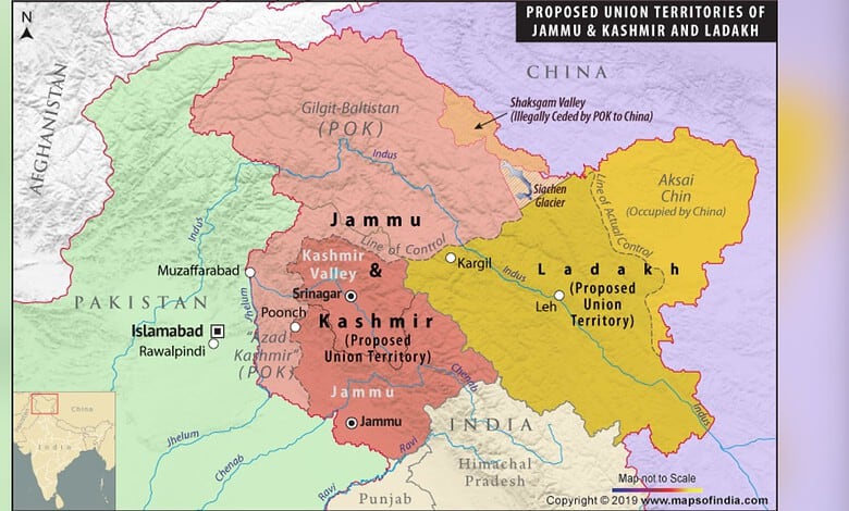 Map showing Jammu & Kashmir, Ladakh, and proposed union territories of India with regional boundaries.