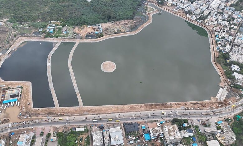 Aerial view of Nalla Cheruvu in Hyderabad with surrounding urban development.