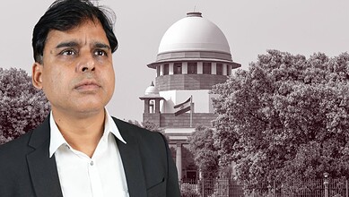 Indian man in formal suit with Supreme Court building in background, black and white.