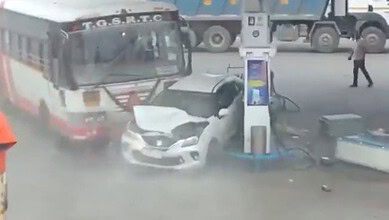 A bus rams a car in Hyderabad's Abdullapurmet