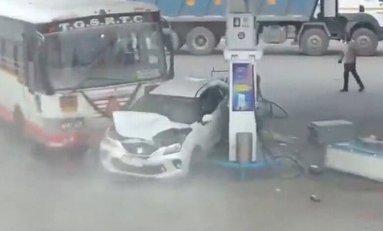A bus rams a car in Hyderabad's Abdullapurmet