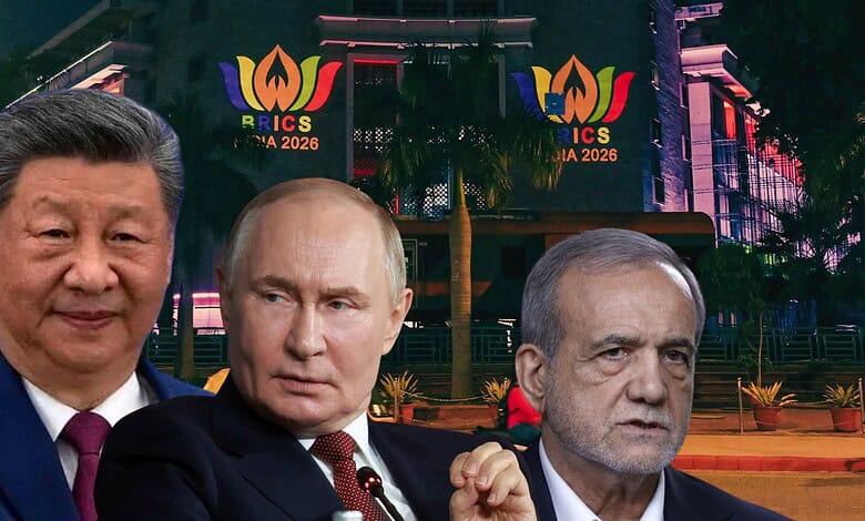 Xi Jinping, Vladimir Putin, and Pezeshkian at the BRICS summit in India, illuminated at night.