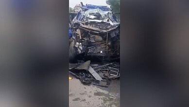 Damaged vehicle after a collision involving a car and a lorry in Hyderabad.