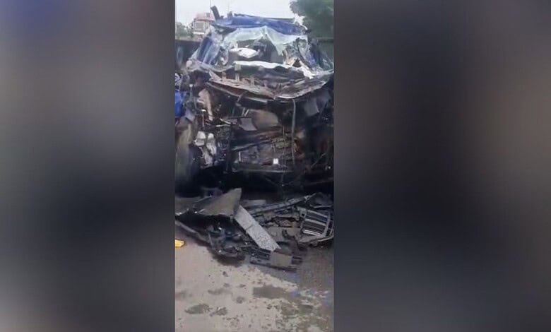 Damaged vehicle after a collision involving a car and a lorry in Hyderabad.