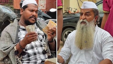 Two men wearing white caps, one counting money and the other with a long beard, in an outdoor setting.