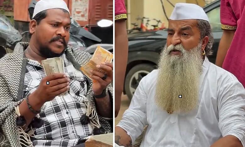 Two men wearing white caps, one counting money and the other with a long beard, in an outdoor setting.