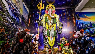 Large Lord Ganesha idol with cityscape backdrop and robotic mice in Hyderabad.