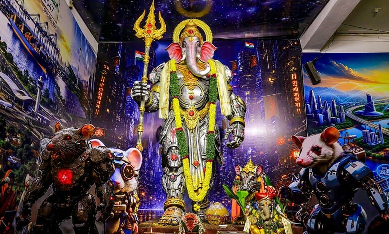 Large Lord Ganesha idol with cityscape backdrop and robotic mice in Hyderabad.