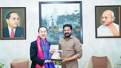 Revanth Reddy with Singapore’s Ministry of Trade and Industry Permanent Secretary Augustin Lee
