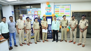 Hyderabad Police officers and officials at the launch of AI kiosk ‘SETU’ for grievance redressal.