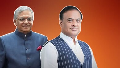 Himanta Biswa Sarma and Gyanesh Kumar at a political event in Assam.