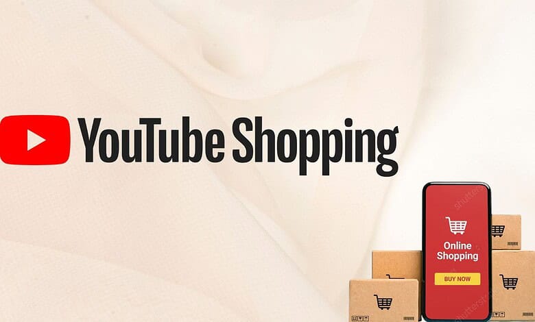 YouTube Shopping logo with a smartphone displaying online shopping app and shopping bags.