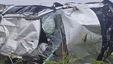 Damaged car after accident on Chennai-Bengaluru expressway, four fatalities reported.