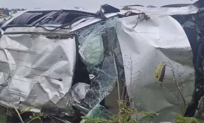 Damaged car after accident on Chennai-Bengaluru expressway, four fatalities reported.