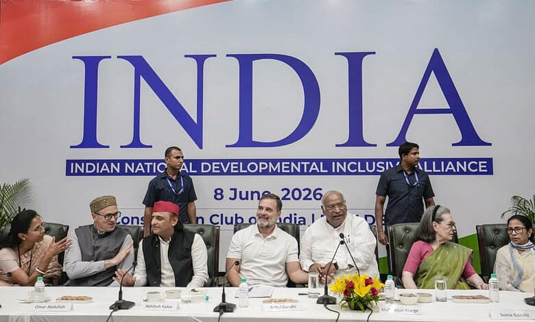 India National Developmental Inclusive Alliance (INDIA) meeting with leaders on June 8, 2026.