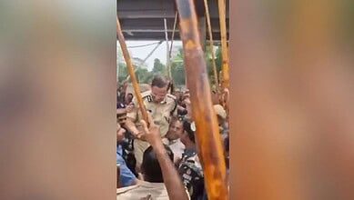 Hyderabad police officer dancing on Paradise Ayaa Sher song during a public event.