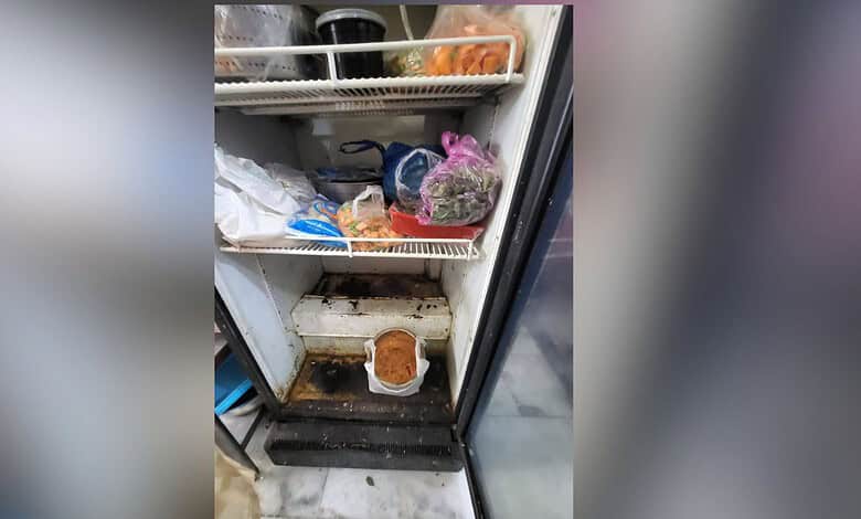 Dirty refrigerator with spoiled food and unclean shelves in Hyderabad.