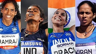 Indian women relay team celebrating their gold win at the Asian Games 2023.