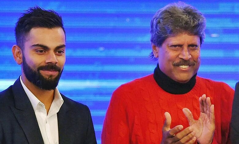 Virat Kohli and Kapil Dev at a cricket event, smiling and engaging with the audience.