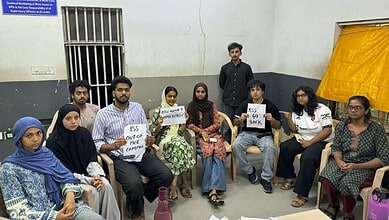 Student leaders protest against RSS Prant Pracharak Lingam Sridhar inside EFLU campus.