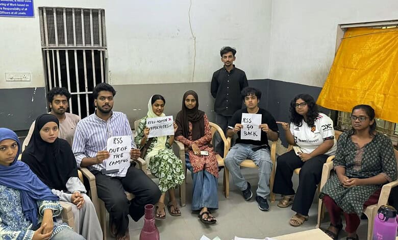 Student leaders protest against RSS Prant Pracharak Lingam Sridhar inside EFLU campus.