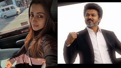 Thalapathy Vijay and Trisha together in a promotional event or photoshoot.