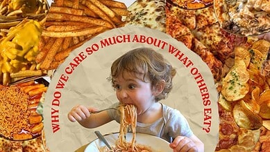 Child eating spaghetti with a background of various fast foods and pizza slices.