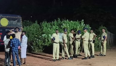 Group of police officers and civilians gathered near bushes during night time.
