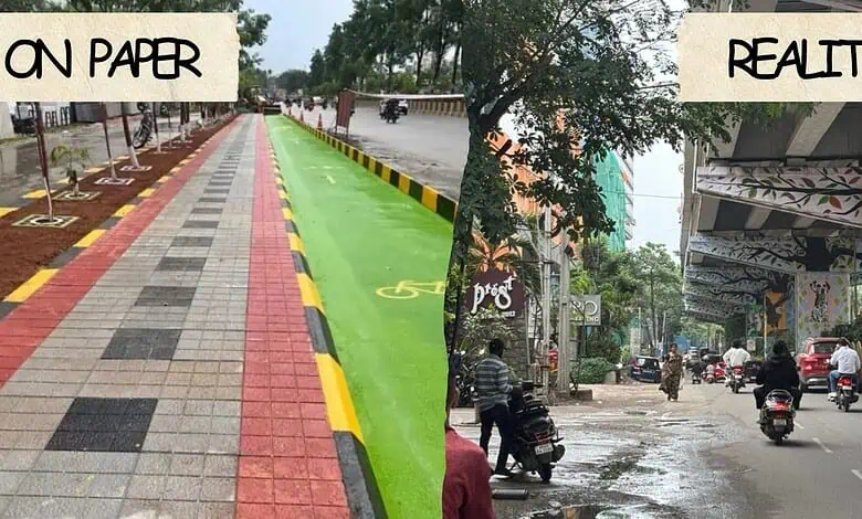Comparison of planned and actual footpath conditions in Nampally and Jubilee Hills.