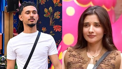 Two contestants from Bigg Boss 20, one male and one female, in a colourful setting.