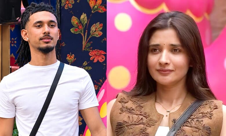 Two contestants from Bigg Boss 20, one male and one female, in a colourful setting.