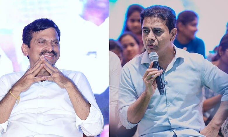 Telangana Revenue Minister Ponguleti Srinivas Reddy (left) and BRS working president KTR (right)