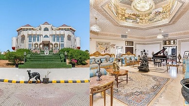 Opulent palace with grand exterior and lavish interior decor in the image.