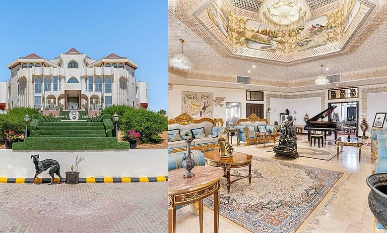 Opulent palace with grand exterior and lavish interior decor in the image.