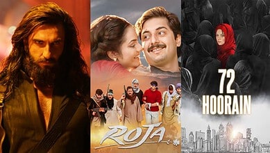 Promotional poster for Bollywood film 'Roja' featuring a romantic scene and a group of characters.