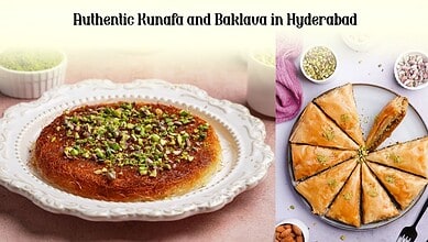 Traditional Runafa and Baklava desserts served on a white plate in Hyderabad, India.