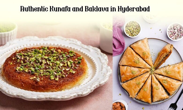 Traditional Runafa and Baklava desserts served on a white plate in Hyderabad, India.