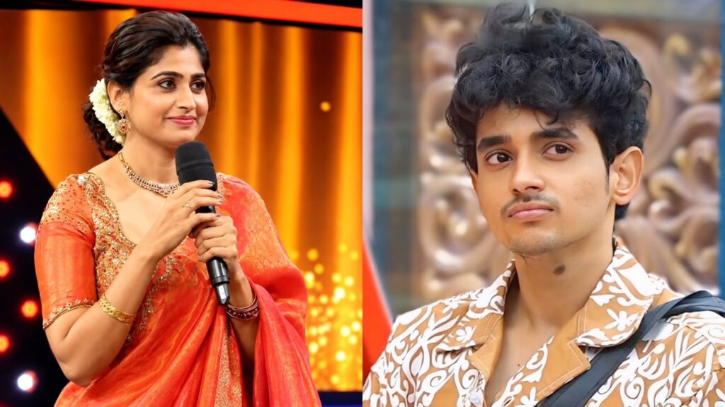 Two contestants from Bigg Boss Telugu 10, a woman in traditional attire and a man with curly hair.