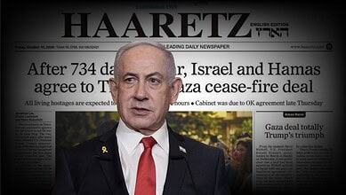 Israeli official in front of Haaretz newspaper with headline on Gaza cease-fire deal.