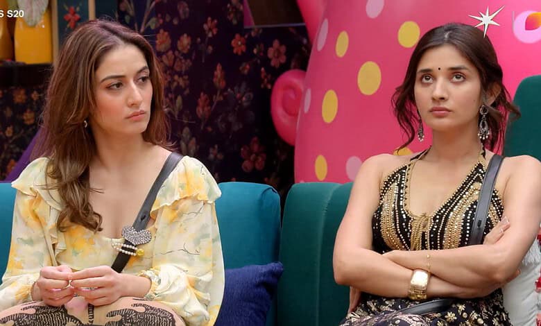Two female contestants sitting on a sofa during Bigg Boss 20 show.