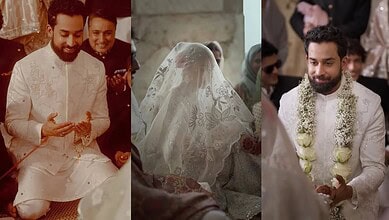 Pak star Bilal Abbas Khan in a white sherwani during a wedding ceremony, 'qubool hai' moment captured.