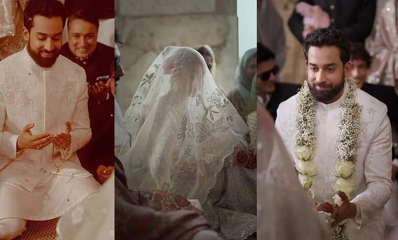 Pak star Bilal Abbas Khan in a white sherwani during a wedding ceremony, 'qubool hai' moment captured.