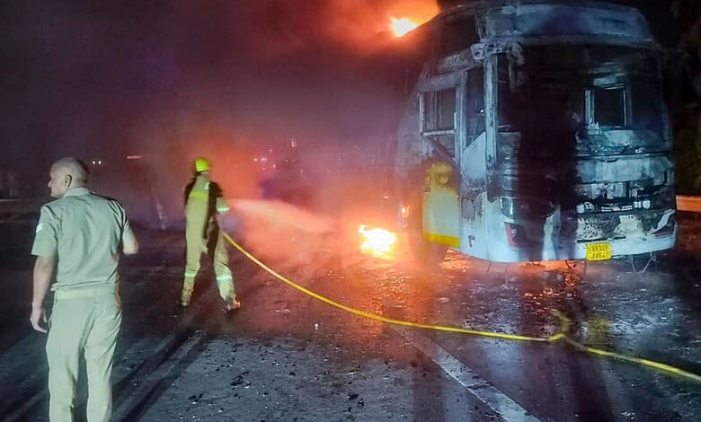 Noida: Firefighters at the site after a sleeper bus caught fire on the Yamuna Expressway in the Greater Noida area, killing nine passengers, in Noida, early Thursday, Sept. 24, 2026. (PTI Photo)