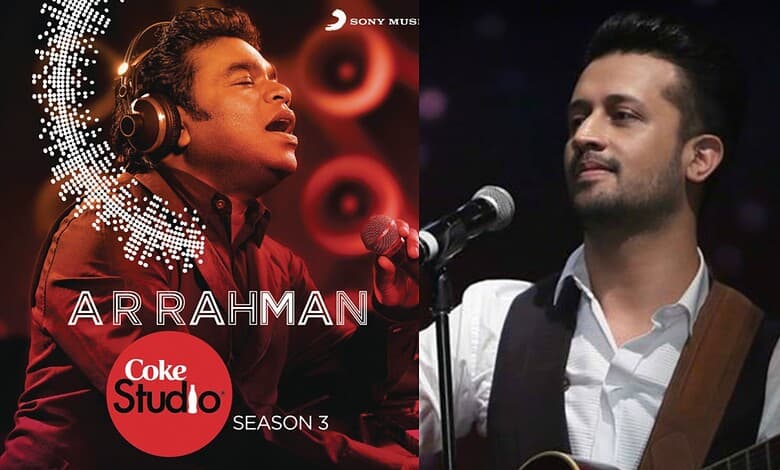 Atif Aslam performing on Coke Studio with a microphone and guitar, in a professional music setting.