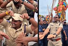 Hyderabad police officers dancing and celebrating during Ganesh immersion festival with a large crowd and.