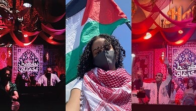 Palestinian flag held by a woman wearing a face mask at a public event.