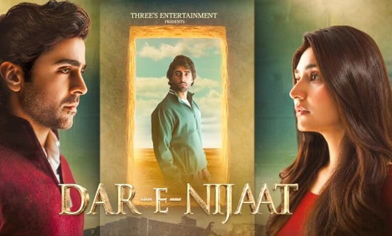 Promotional poster for Dar-e-Nijaat featuring two main characters facing each other with a central figure.