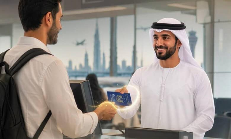 Man receiving an international driving permit at Dubai airport from an airport staff member.