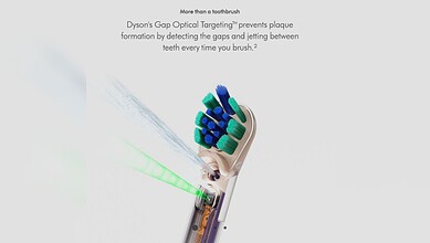 Dyson electric toothbrush with green and blue bristles and laser light for teeth cleaning.