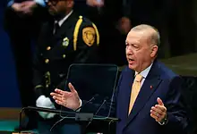 Turkish President Erdogan speaking at the United Nations General Assembly.